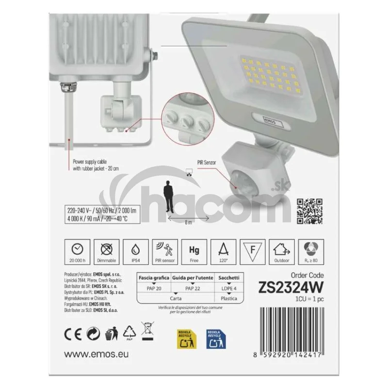 LED reflektor GLARO s pohybovým čidlom, 20 W, biely, IP54, 2000 lm, neutrálna biela