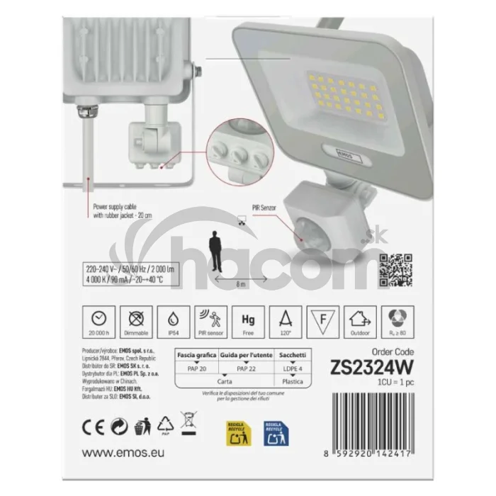 LED reflektor GLARO s pohybovým čidlom, 20 W, biely, IP54, 2000 lm, neutrálna biela