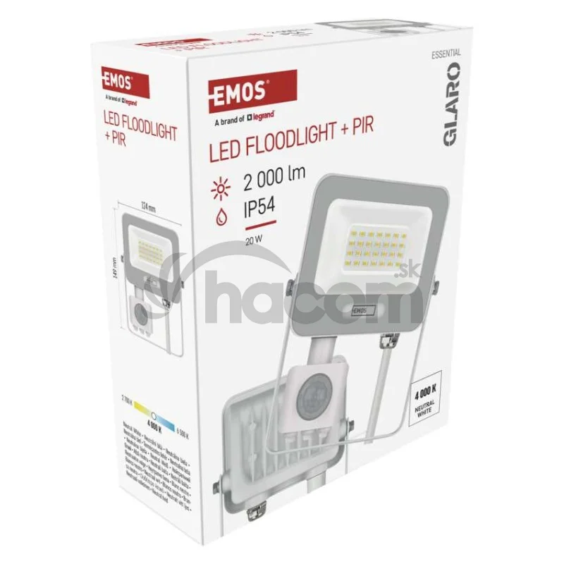 LED reflektor GLARO s pohybovým čidlom, 20 W, biely, IP54, 2000 lm, neutrálna biela