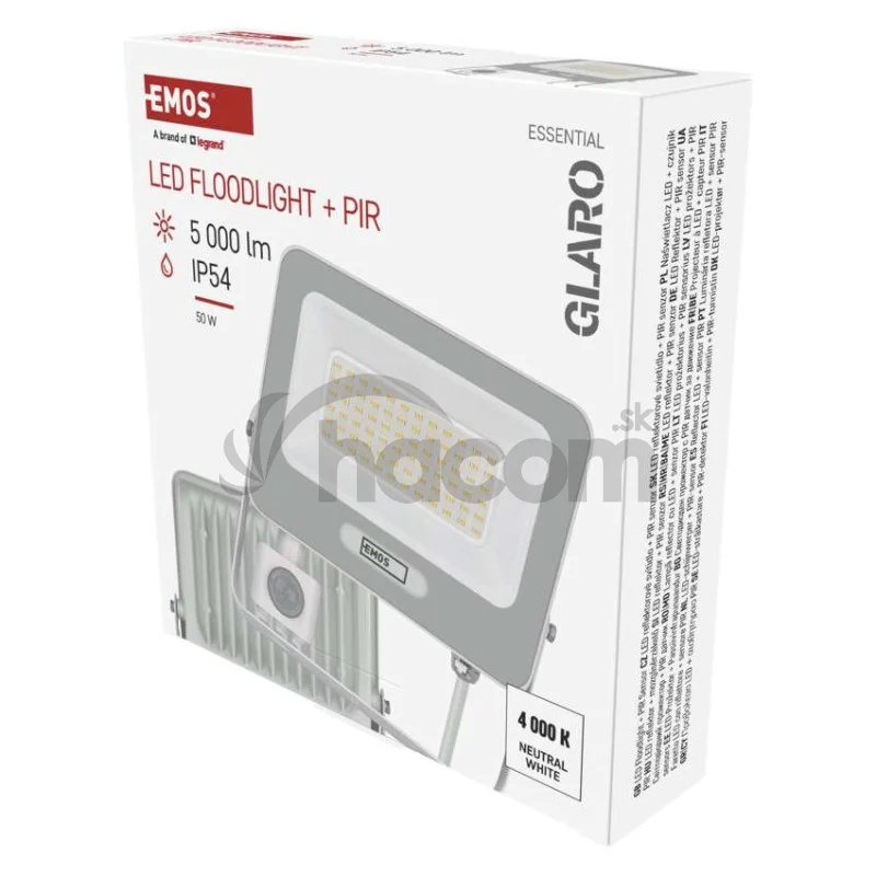 LED reflektor GLARO s pohybovým čidlom, 50 W, biely, IP54, 5000 lm, neutrálna biela