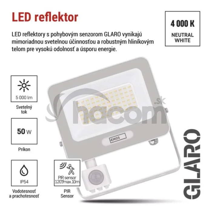 LED reflektor GLARO s pohybovým čidlom, 50 W, biely, IP54, 5000 lm, neutrálna biela