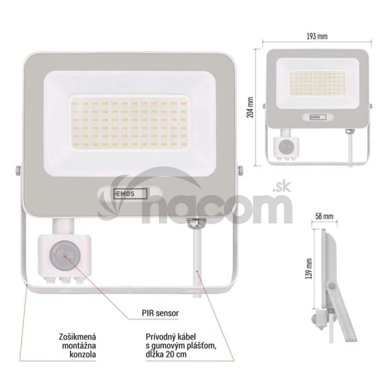 LED reflektor GLARO s pohybovým čidlom, 50 W, biely, IP54, 5000 lm, neutrálna biela