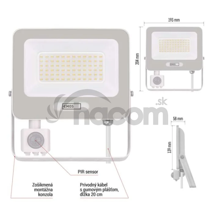 LED reflektor GLARO s pohybovým čidlom, 50 W, biely, IP54, 5000 lm, neutrálna biela