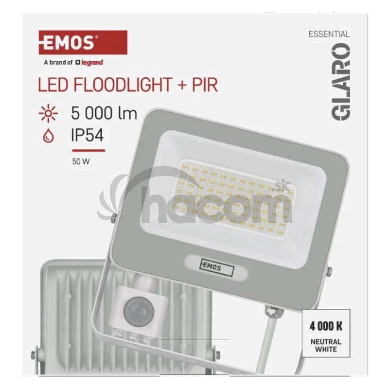 LED reflektor GLARO s pohybovým čidlom, 50 W, biely, IP54, 5000 lm, neutrálna biela