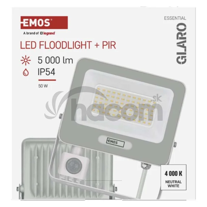 LED reflektor GLARO s pohybovým čidlom, 50 W, biely, IP54, 5000 lm, neutrálna biela