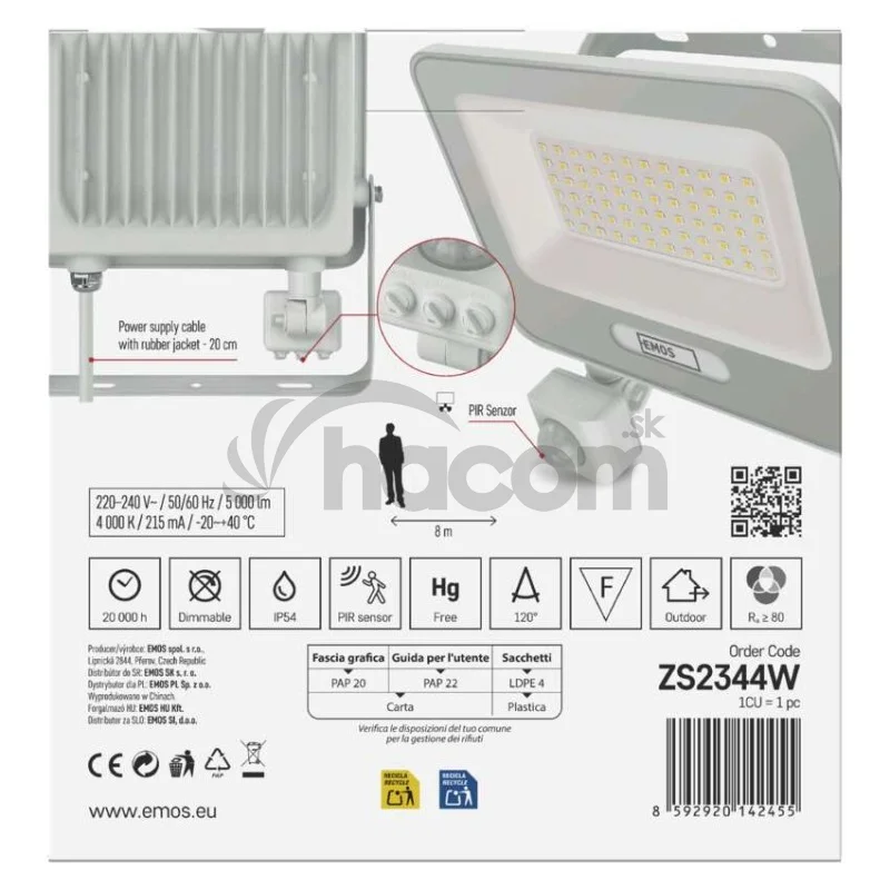 LED reflektor GLARO s pohybovým čidlom, 50 W, biely, IP54, 5000 lm, neutrálna biela