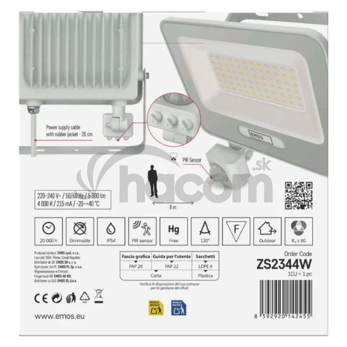 LED reflektor GLARO s pohybovým čidlom, 50 W, biely, IP54, 5000 lm, neutrálna biela