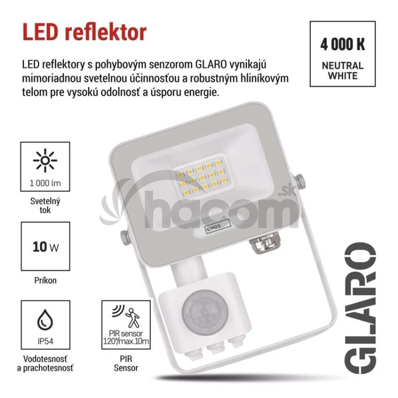 LED reflektor GLARO s pohybovým čidlom, 10 W, biely, IP54, 1000 lm, neutrálna biela