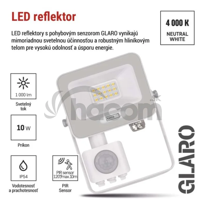 LED reflektor GLARO s pohybovým čidlom, 10 W, biely, IP54, 1000 lm, neutrálna biela