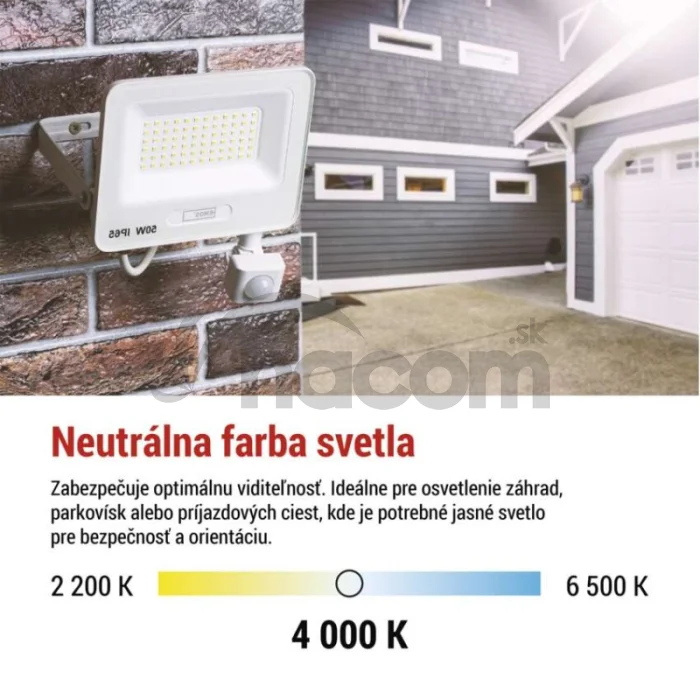 LED reflektor GLARO s pohybovým čidlom, 10 W, biely, IP54, 1000 lm, neutrálna biela