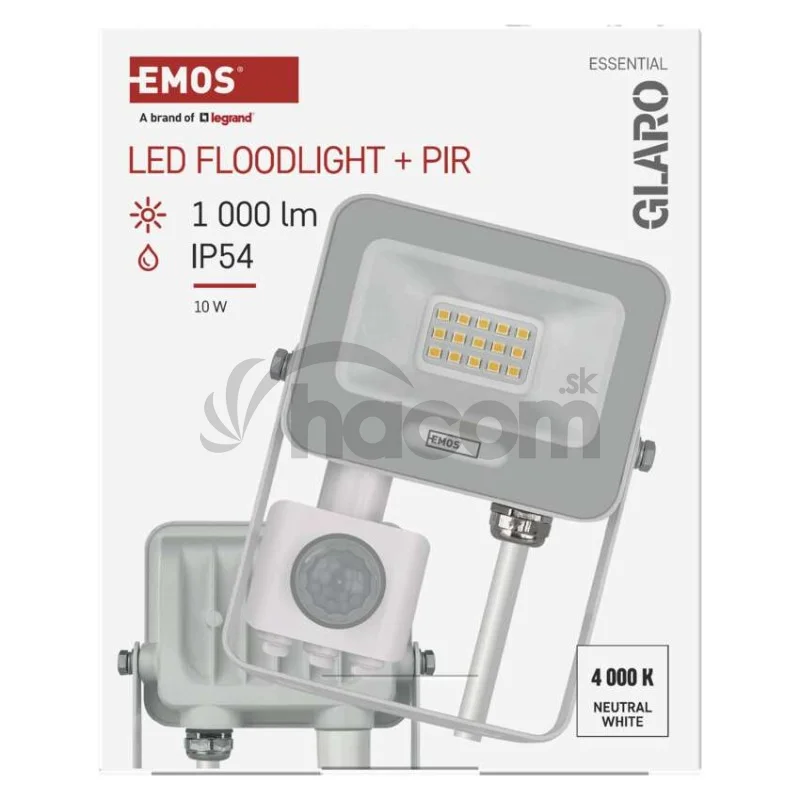 LED reflektor GLARO s pohybovým čidlom, 10 W, biely, IP54, 1000 lm, neutrálna biela