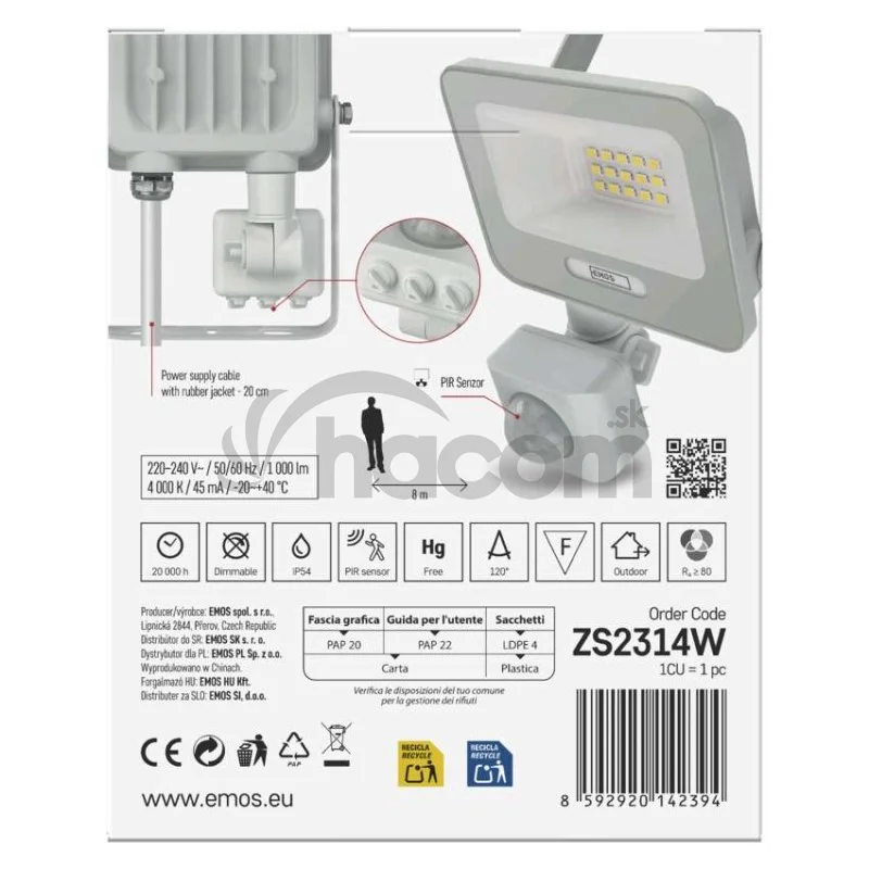 LED reflektor GLARO s pohybovým čidlom, 10 W, biely, IP54, 1000 lm, neutrálna biela