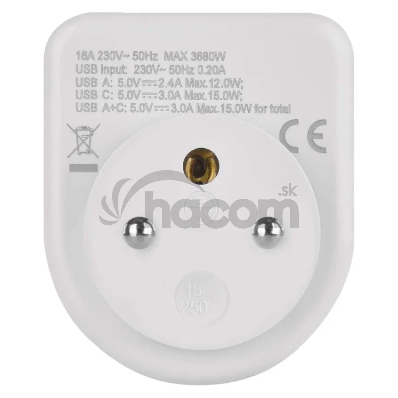 Rozbočovacia zásuvka 1×, 1×USB-A+1×USB-C, biela