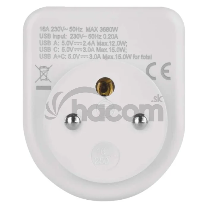Rozbočovacia zásuvka 1×, 1×USB-A+1×USB-C, biela