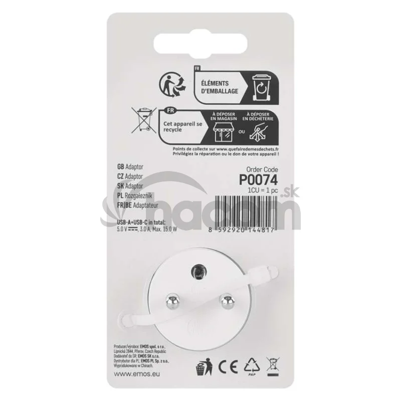 Rozbočovacia zásuvka 1×, 1×USB-A+1×USB-C, biela