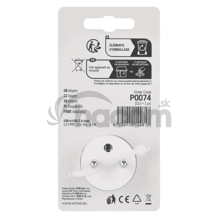 Rozbočovacia zásuvka 1×, 1×USB-A+1×USB-C, biela