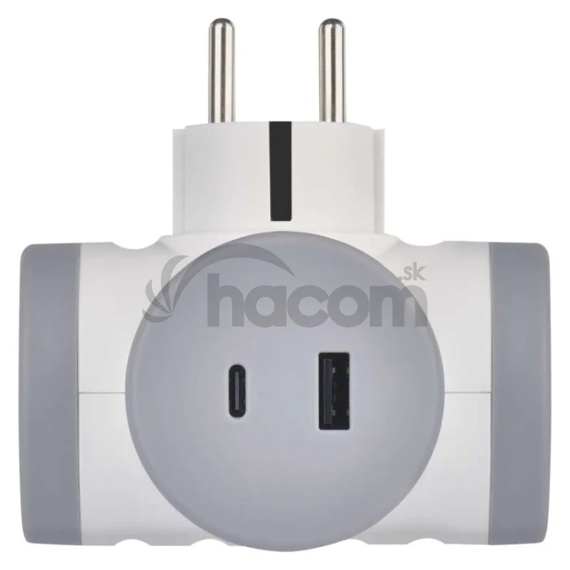 Rozbočovacia zásuvka 2×, 1×USB-A+1×USB-C, bielo-sivá