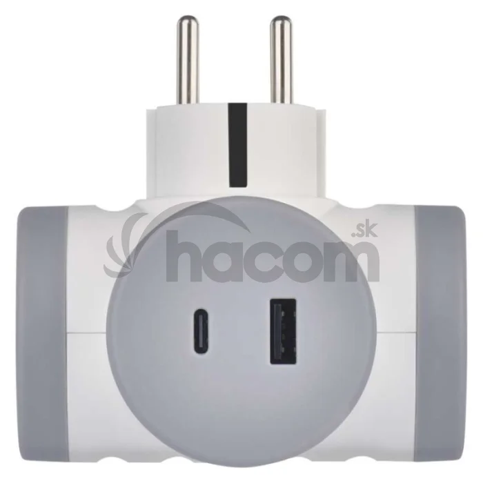 Rozbočovacia zásuvka 2×, 1×USB-A+1×USB-C, bielo-sivá