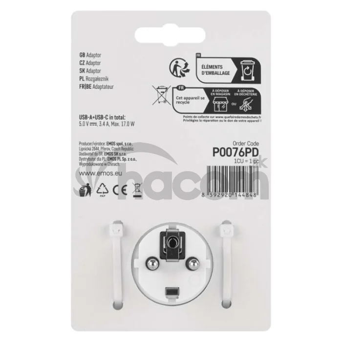 Rozbočovacia zásuvka 2×, 1×USB-A+1×USB-C, bielo-sivá