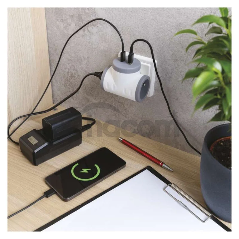 Rozbočovacia zásuvka 2×, 1×USB-A+1×USB-C, bielo-sivá