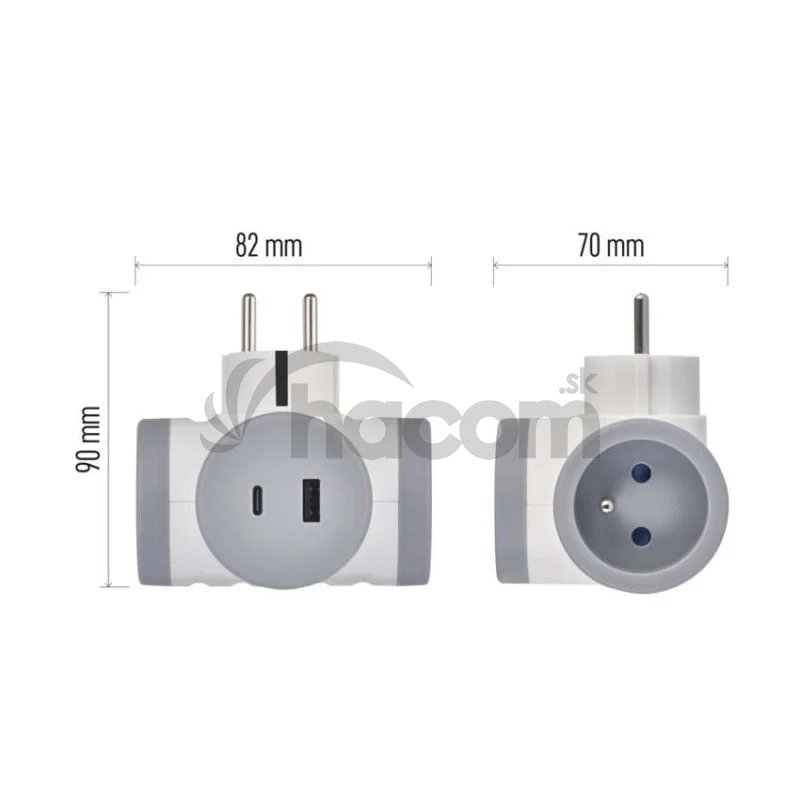 Rozbočovacia zásuvka 2×, 1×USB-A+1×USB-C, bielo-sivá