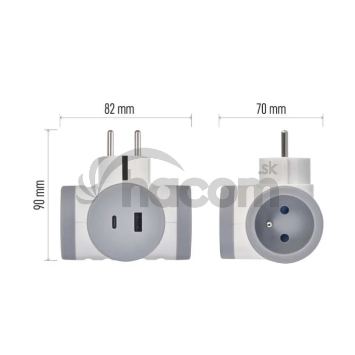 Rozbočovacia zásuvka 2×, 1×USB-A+1×USB-C, bielo-sivá