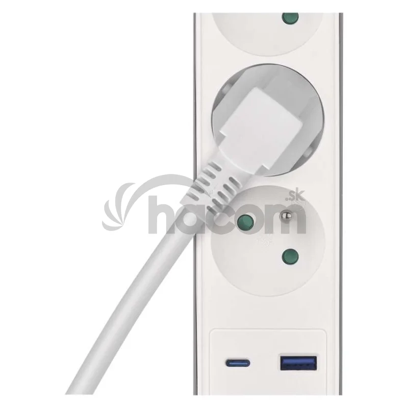 Predlžovací kábel 3 m / 5 zásuvky / s vypínačom / bielo-sivý / 1×USB-A + 1×USB-C / 1,5 mm2