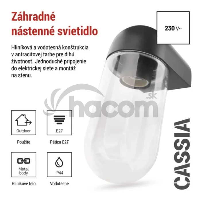 Záhradné nástenné svietidlo CASSIA, 12,6 x 9,5 x 22,2 cm, 1 x E27, 15 W