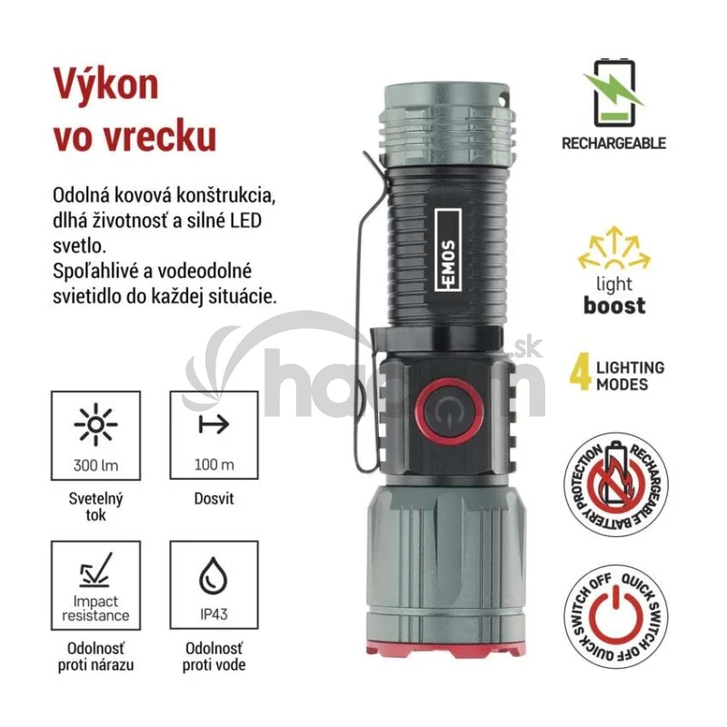 LED nabíjacie kovové svietidlo 300 lm, 700 mAh