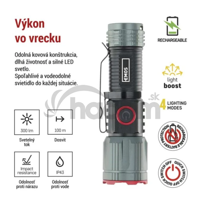 LED nabíjacie kovové svietidlo 300 lm, 700 mAh