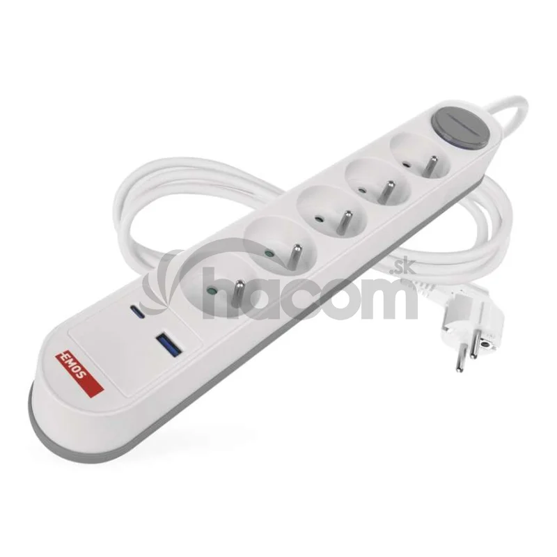 Predlžovací kábel 3 m / 5 zásuvky / s vypínačom / bielo-sivý / 1×USB-A + 1×USB-C / 1,5 mm2