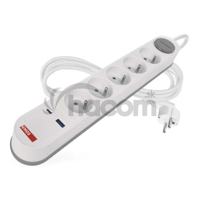 Predlžovací kábel 3 m / 5 zásuvky / s vypínačom / bielo-sivý / 1×USB-A + 1×USB-C / 1,5 mm2