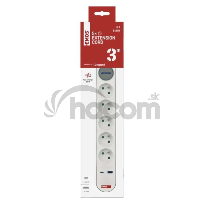 Predlžovací kábel 3 m / 5 zásuvky / s vypínačom / bielo-sivý / 1×USB-A + 1×USB-C / 1,5 mm2