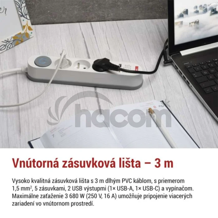 Predlžovací kábel 3 m / 5 zásuvky / s vypínačom / bielo-sivý / 1×USB-A + 1×USB-C / 1,5 mm2
