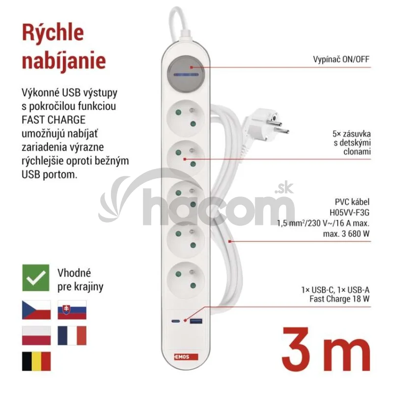 Predlžovací kábel 3 m / 5 zásuvky / s vypínačom / bielo-sivý / 1×USB-A + 1×USB-C / 1,5 mm2