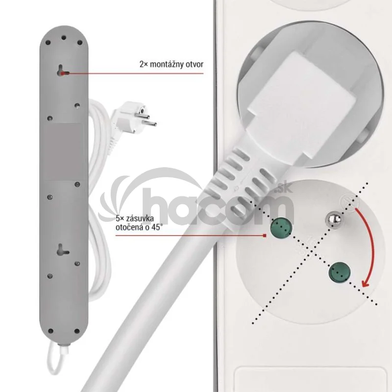 Predlžovací kábel 3 m / 5 zásuvky / s vypínačom / bielo-sivý / 1×USB-A + 1×USB-C / 1,5 mm2