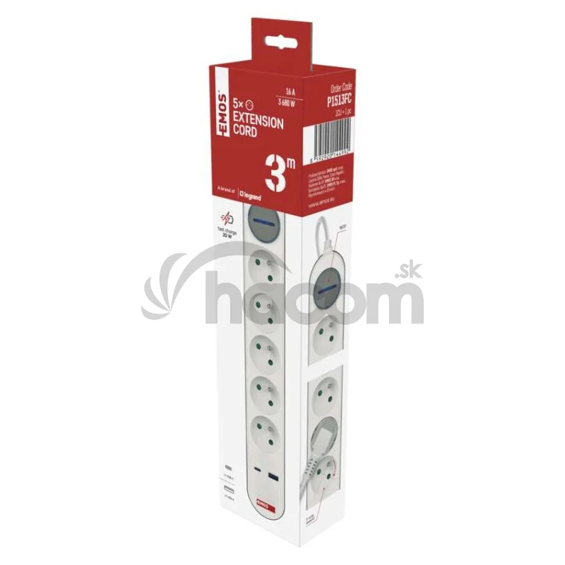 Predlžovací kábel 3 m / 5 zásuvky / s vypínačom / bielo-sivý / 1×USB-A + 1×USB-C / 1,5 mm2