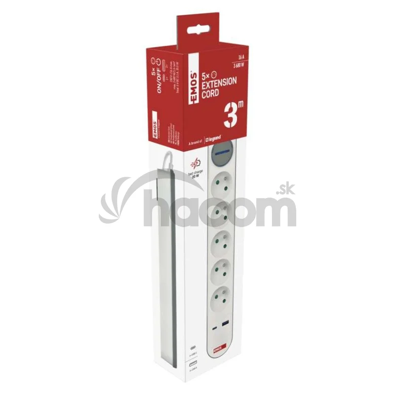 Predlžovací kábel 3 m / 5 zásuvky / s vypínačom / bielo-sivý / 1×USB-A + 1×USB-C / 1,5 mm2