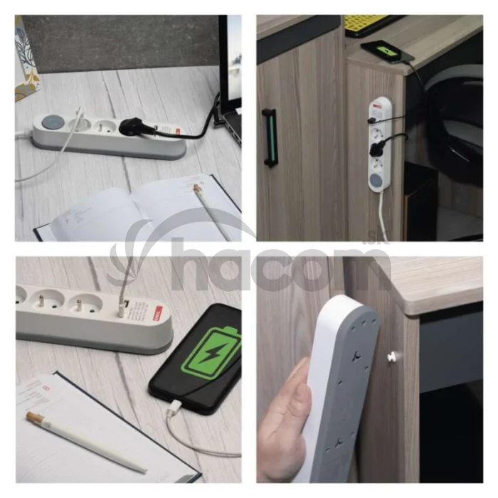 Predlžovací kábel 3 m / 5 zásuvky / s vypínačom / bielo-sivý / 1×USB-A + 1×USB-C / 1,5 mm2
