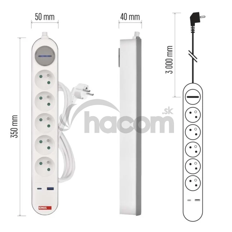 Predlžovací kábel 3 m / 5 zásuvky / s vypínačom / bielo-sivý / 1×USB-A + 1×USB-C / 1,5 mm2
