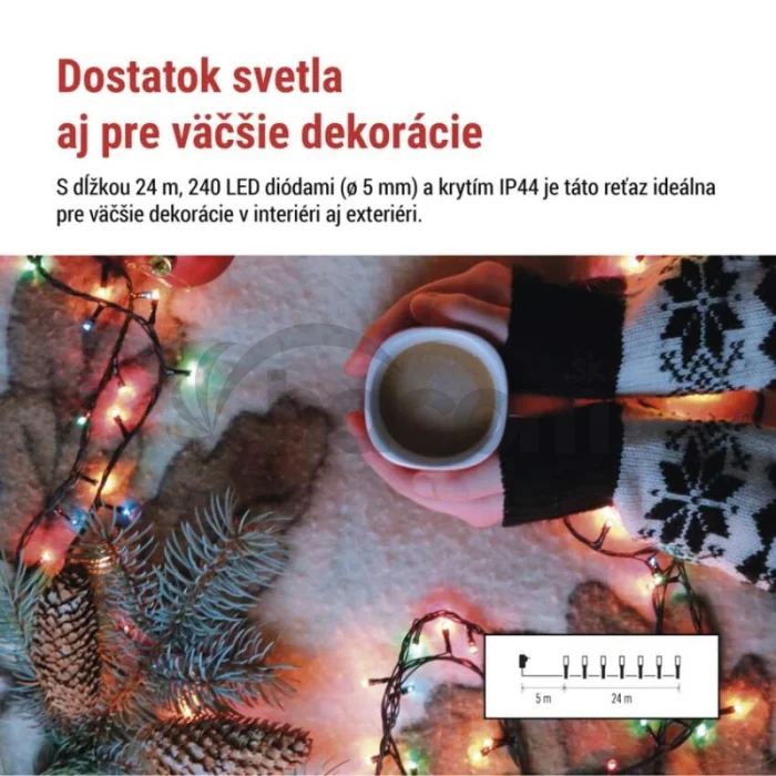 LED vianočná reťaz, 24 m, vonkajšia aj vnútorná, multicolor, programy, časovač