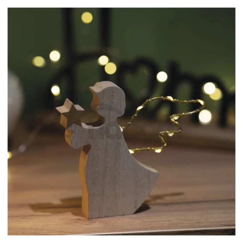 LED dekorácia drevená – anjel, 13 cm, 2x AAA, vnútorný, teplá biela, časovač