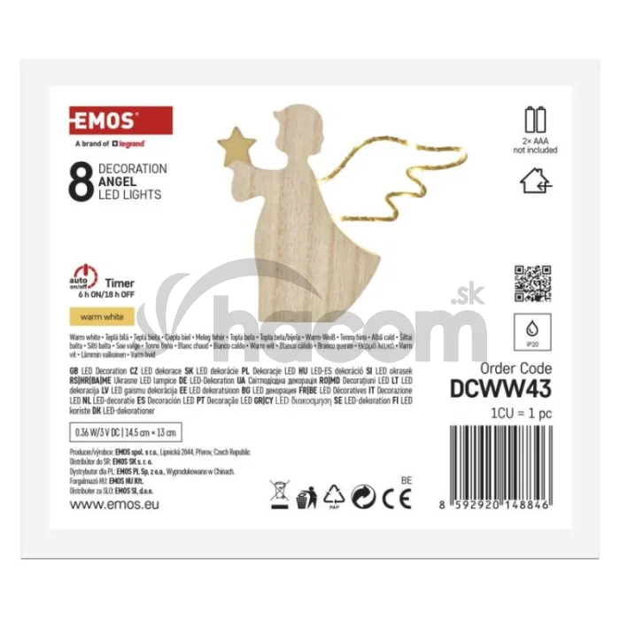 LED dekorácia drevená – anjel, 13 cm, 2x AAA, vnútorný, teplá biela, časovač