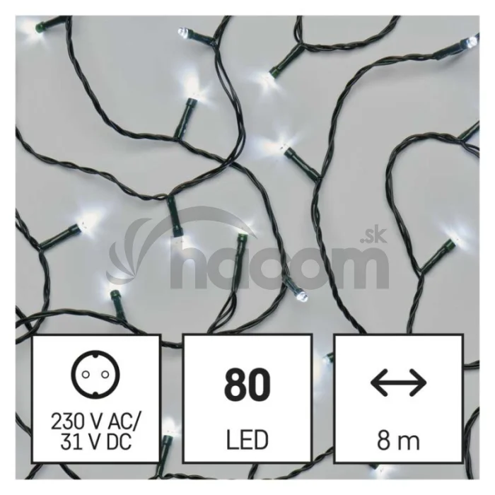LED vianočná reťaz, 8 m, vonkajšia aj vnútorná, studená biela, programy, časovač