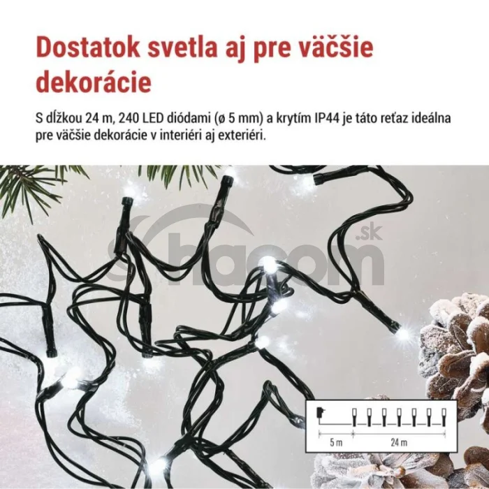 LED vianočná reťaz, 24 m, vonkajšia aj vnútorná, studená biela, programy, časovač