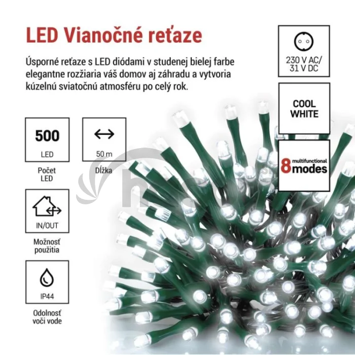 LED vianočná reťaz, 50 m, vonkajšia aj vnútorná, studená biela, programy, časovač
