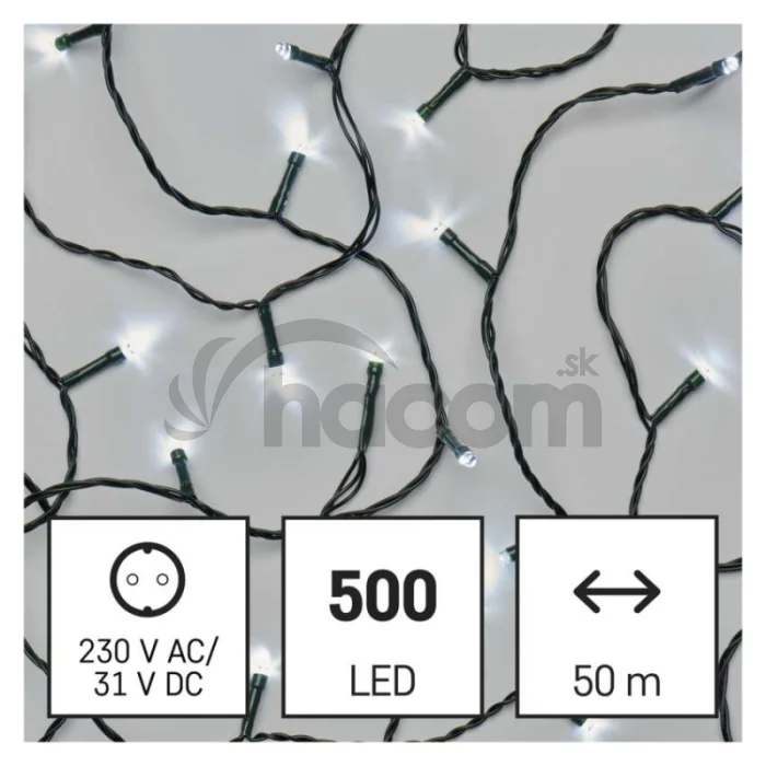 LED vianočná reťaz, 50 m, vonkajšia aj vnútorná, studená biela, programy, časovač
