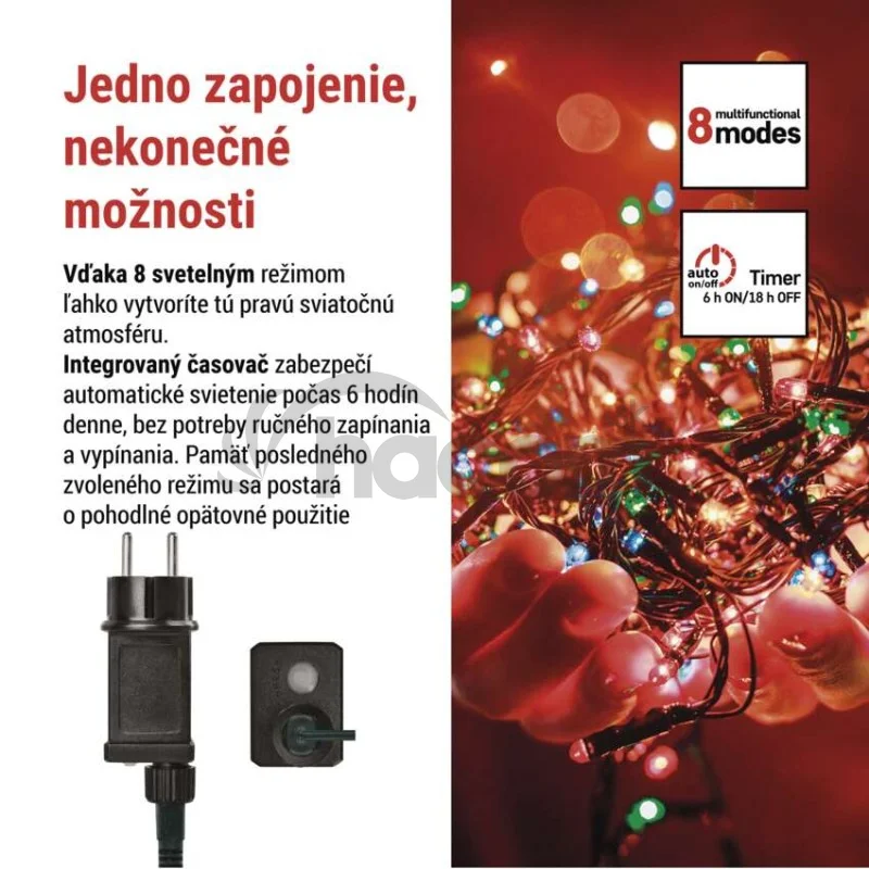 LED vianočná reťaz, 18 m, vonkajšia aj vnútorná, multicolor, programy, časovač