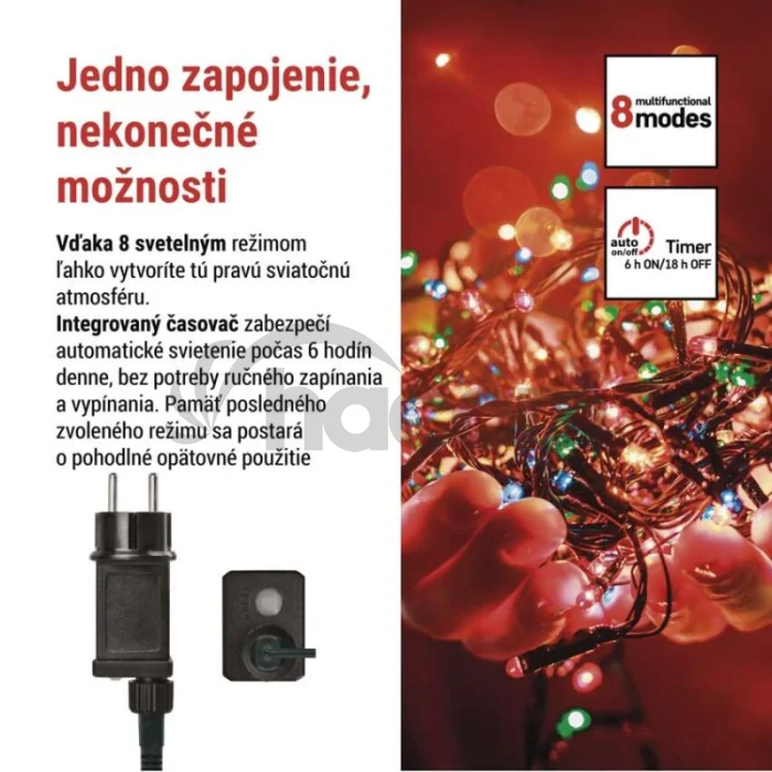 LED vianočná reťaz, 18 m, vonkajšia aj vnútorná, multicolor, programy, časovač