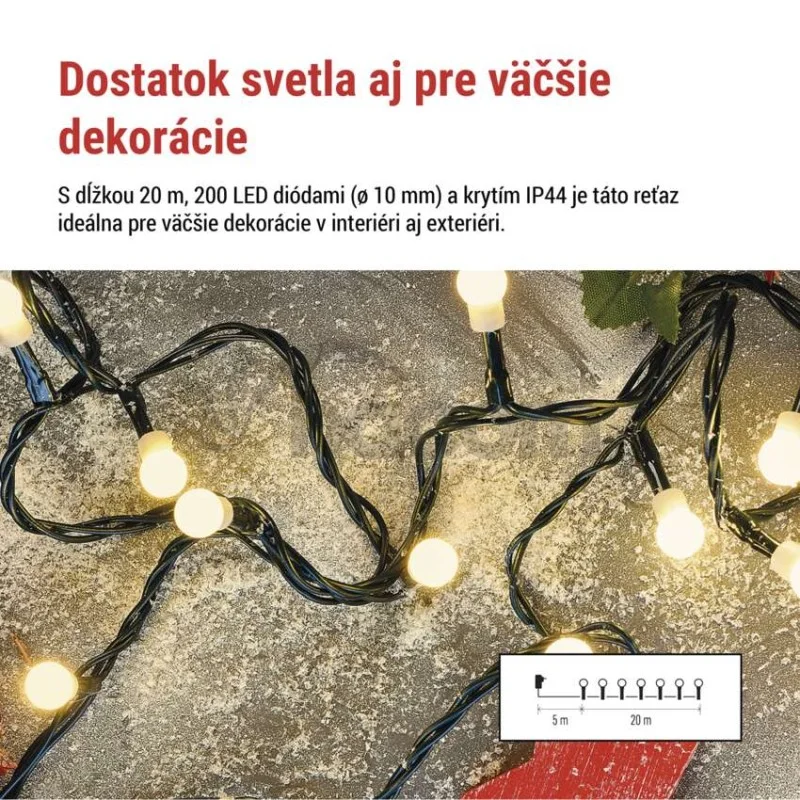 LED vianočná cherry reťaz – guličky, 20 m, vonk. aj vnútor.,teplá biela, programy, časovač